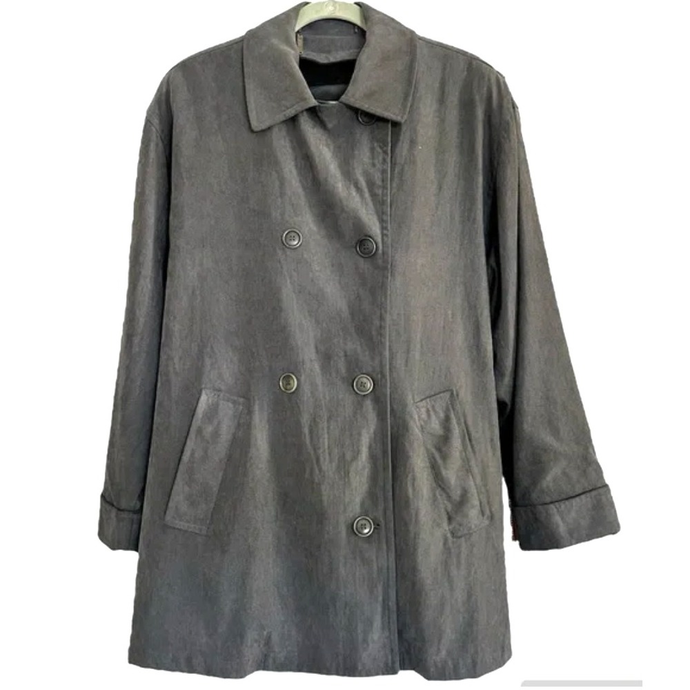 LONDON FOG Gray Suede Touch HIP LENGTH TRENCH COAT w/LINER Double Breasted L-R